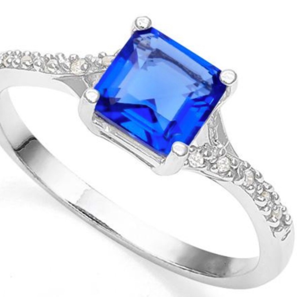 Created Blue Sapphire Sterling Silver Ring - Picture 4 of 8